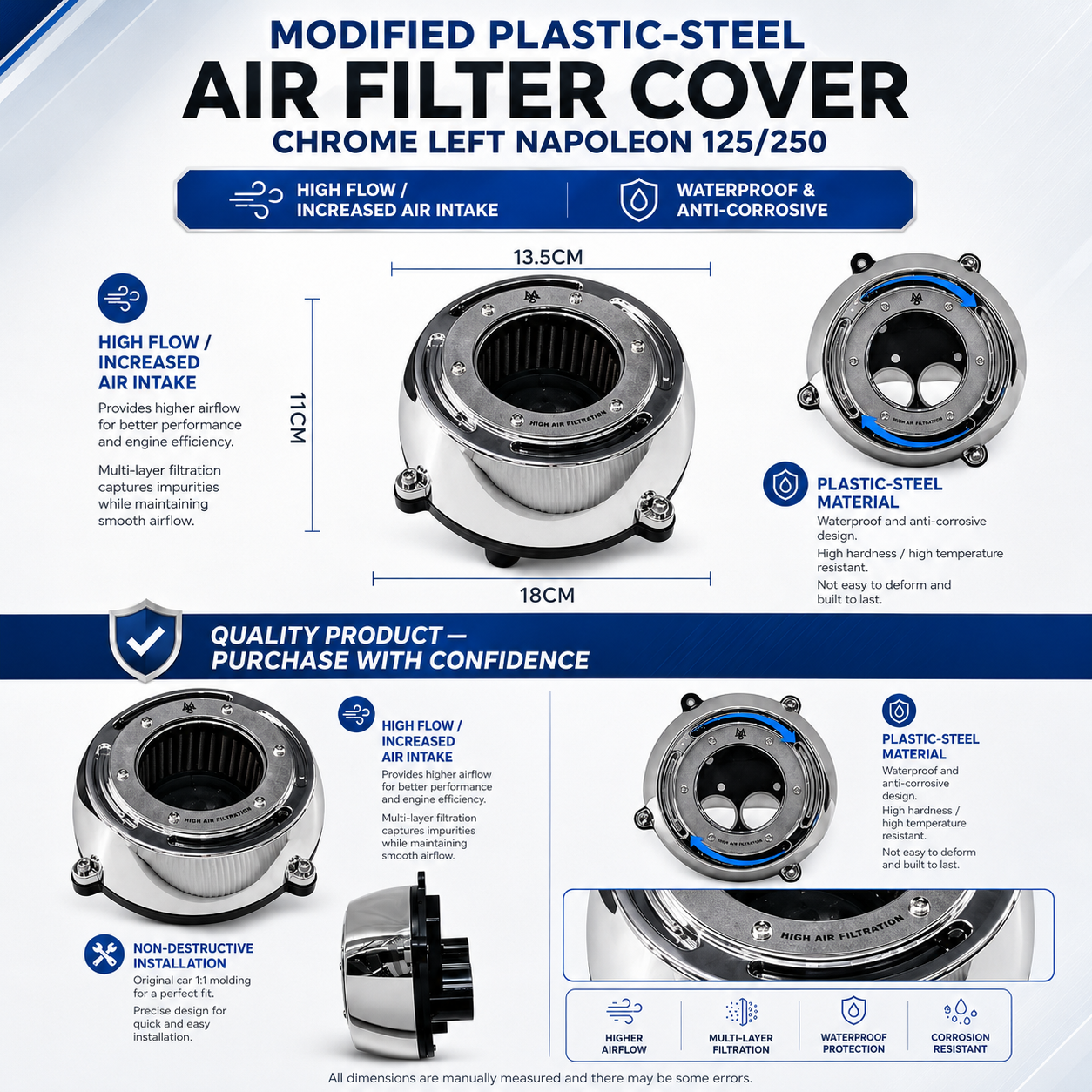 Air filter Cover Chrome left Napoleon 125/250 detail and dimensions