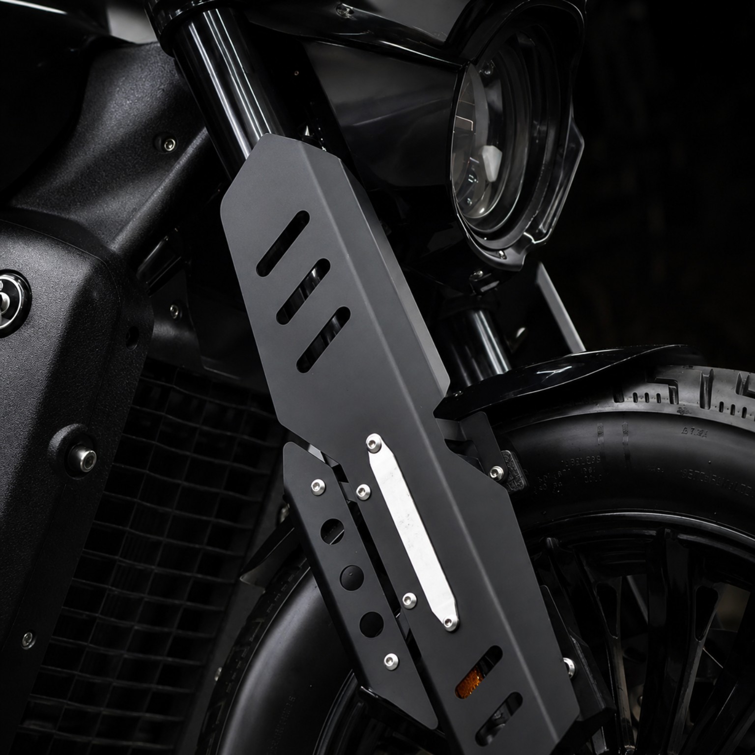 Aluminum Front Fork Protector Darkflag 500 installed detail