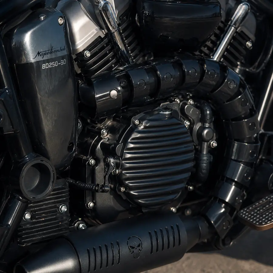 Black striped clutch cover engine side view