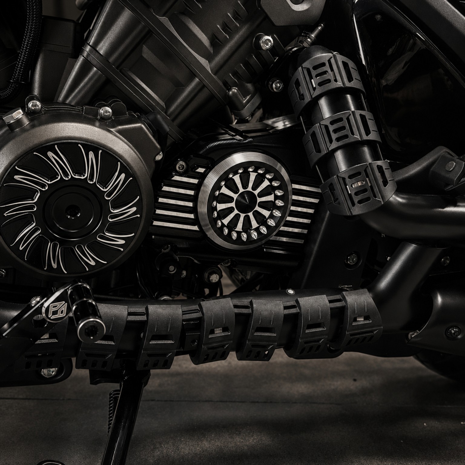 Ghost Aluminium CNC Chain Cover Left installed on Benda Dark Flag V4 left side